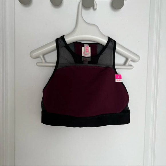 PINK Ultimate Mesh High Neck Crop Sports Bra Black Orchid Maroon  size S - Picture 3 of 7